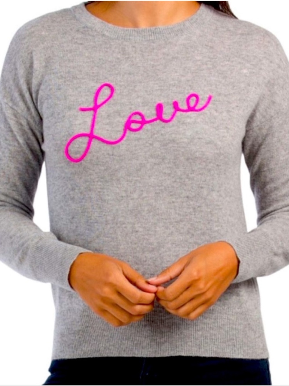 Magaschoni Gray Cashmere Sweater with Pink 'Love' Script